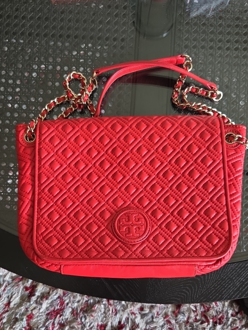 Tory Burch Quilted Red Leather Chain-Shoulder Bag